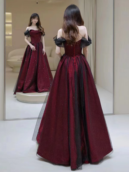 Schwarzes und rotes Tüll-Abendkleid, langes A-Linien-Kleid mit schulterfreiem Schnitt, auch als Hochzeits- oder Partykleid geeignet, Geburtstagskleid AB916