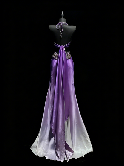 Modest Mermaid V Neck Grape White Ombre Slit College Formal Outfit Long Prom Graduation Dresses For Teens N1186
