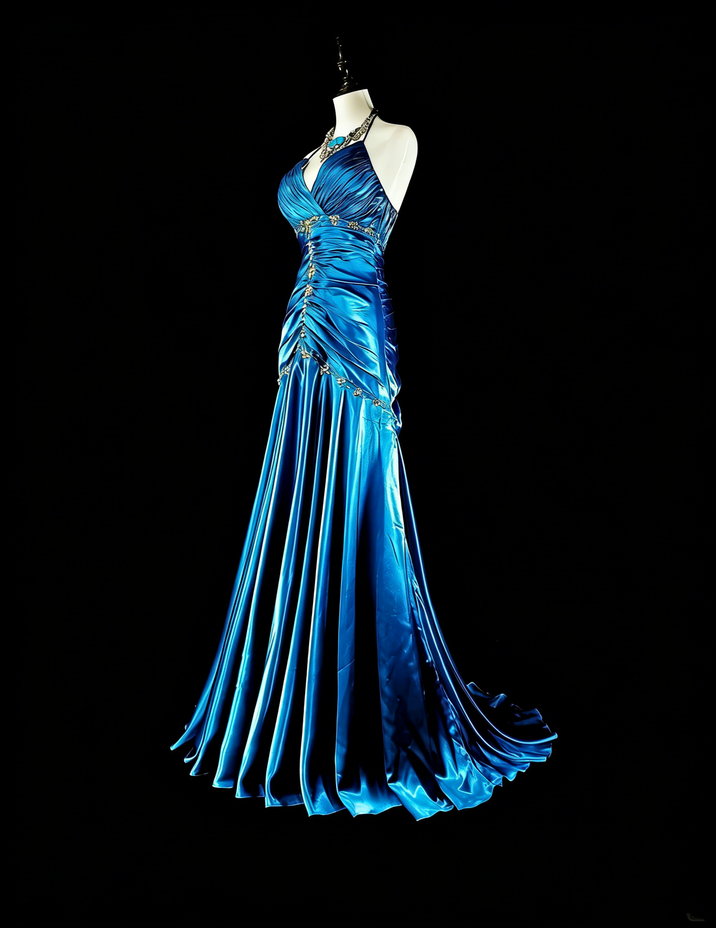 Vintage Meerjungfrau-Abschlussballkleid Neckholder Blau Satin mit Perlen Langes Abendkleid N2378