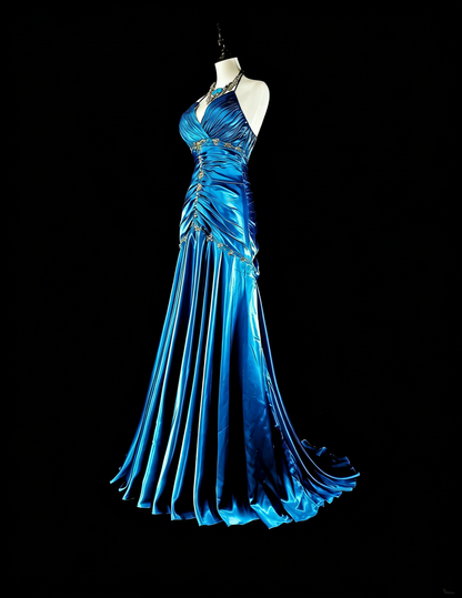 Vintage Meerjungfrau-Abschlussballkleid Neckholder Blau Satin mit Perlen Langes Abendkleid N2378
