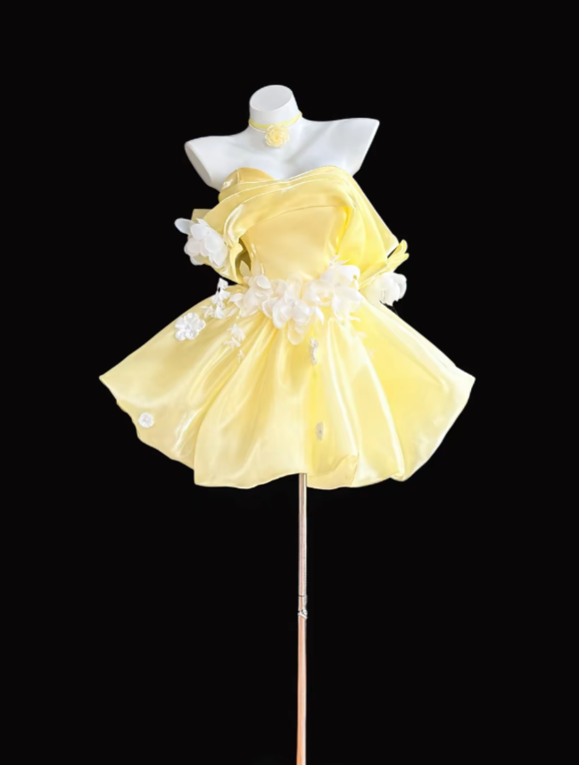 Pretty Ball Gown Off The Shoulder Yellow With White Flowers Mini Short Party Homecoming Dress High School Ideas Inspo Short Birthday Outfits RB7326