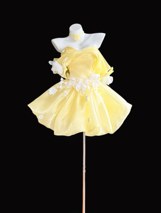 Pretty Ball Gown Off The Shoulder Yellow With White Flowers Mini Short Party Homecoming Dress High School Ideas Inspo Short Birthday Outfits RB7326