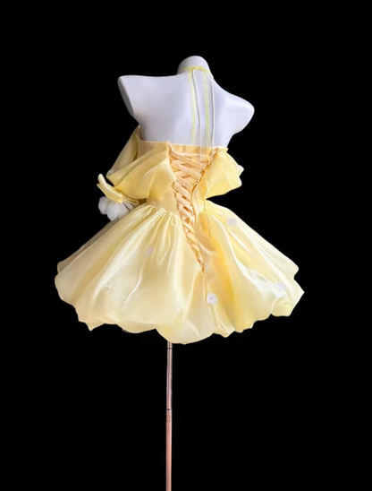 Pretty Ball Gown Off The Shoulder Yellow With White Flowers Mini Short Party Homecoming Dress High School Ideas Inspo Short Birthday Outfits RB7326