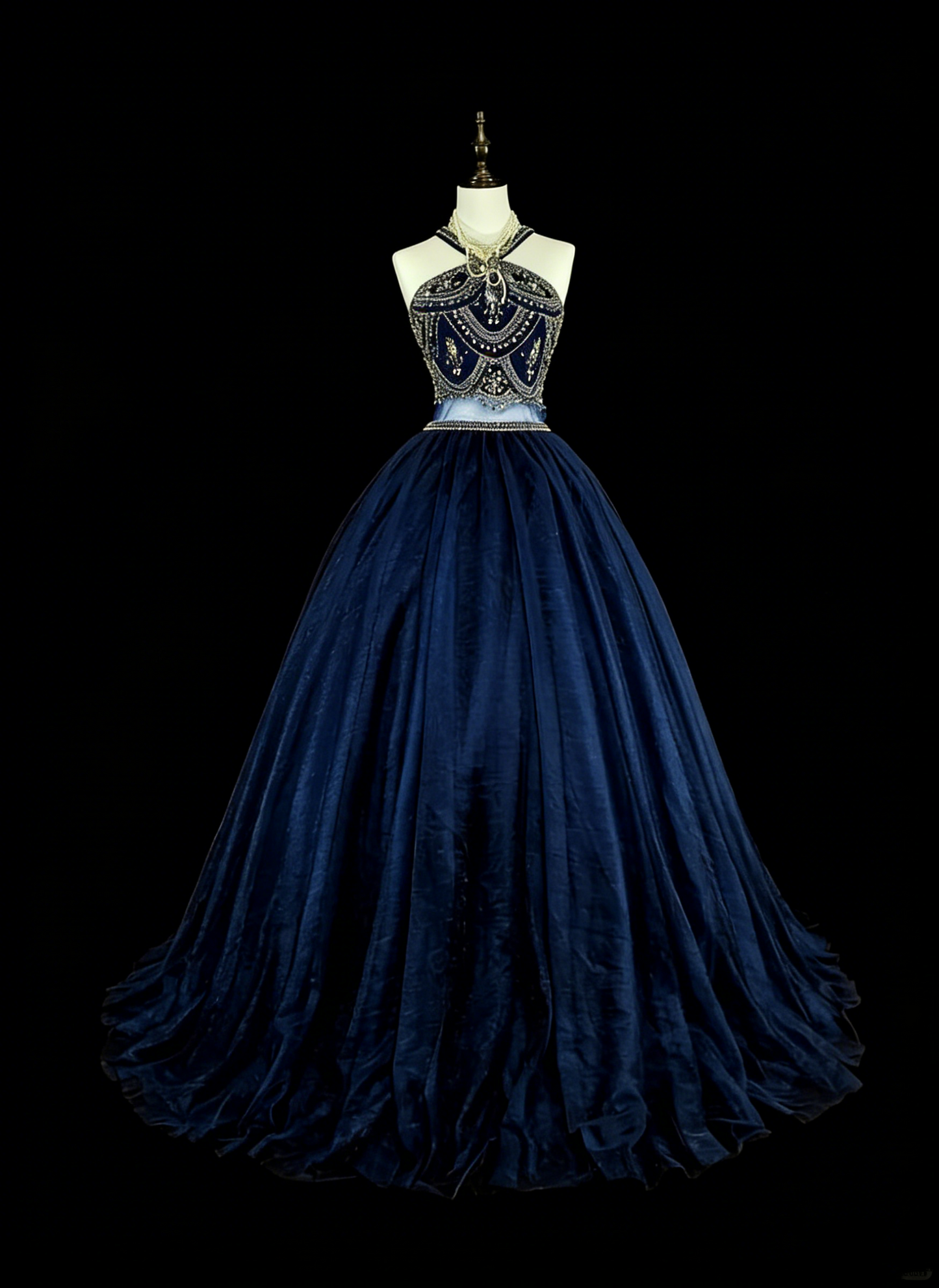 Robe de bal vintage années 70, col montant, tulle bleu marine orné de perles, sans manches, robe de soirée longue et élégante N1485