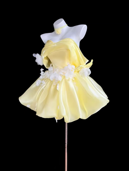 Pretty Ball Gown Off The Shoulder Yellow With White Flowers Mini Short Party Homecoming Dress High School Ideas Inspo Short Birthday Outfits RB7326