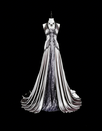 Vintage Prom Dresses Aesthetic Mermaid Halter Silver Grey Taffeta Classic Inspo Party Dress With Crystals Gem N2000