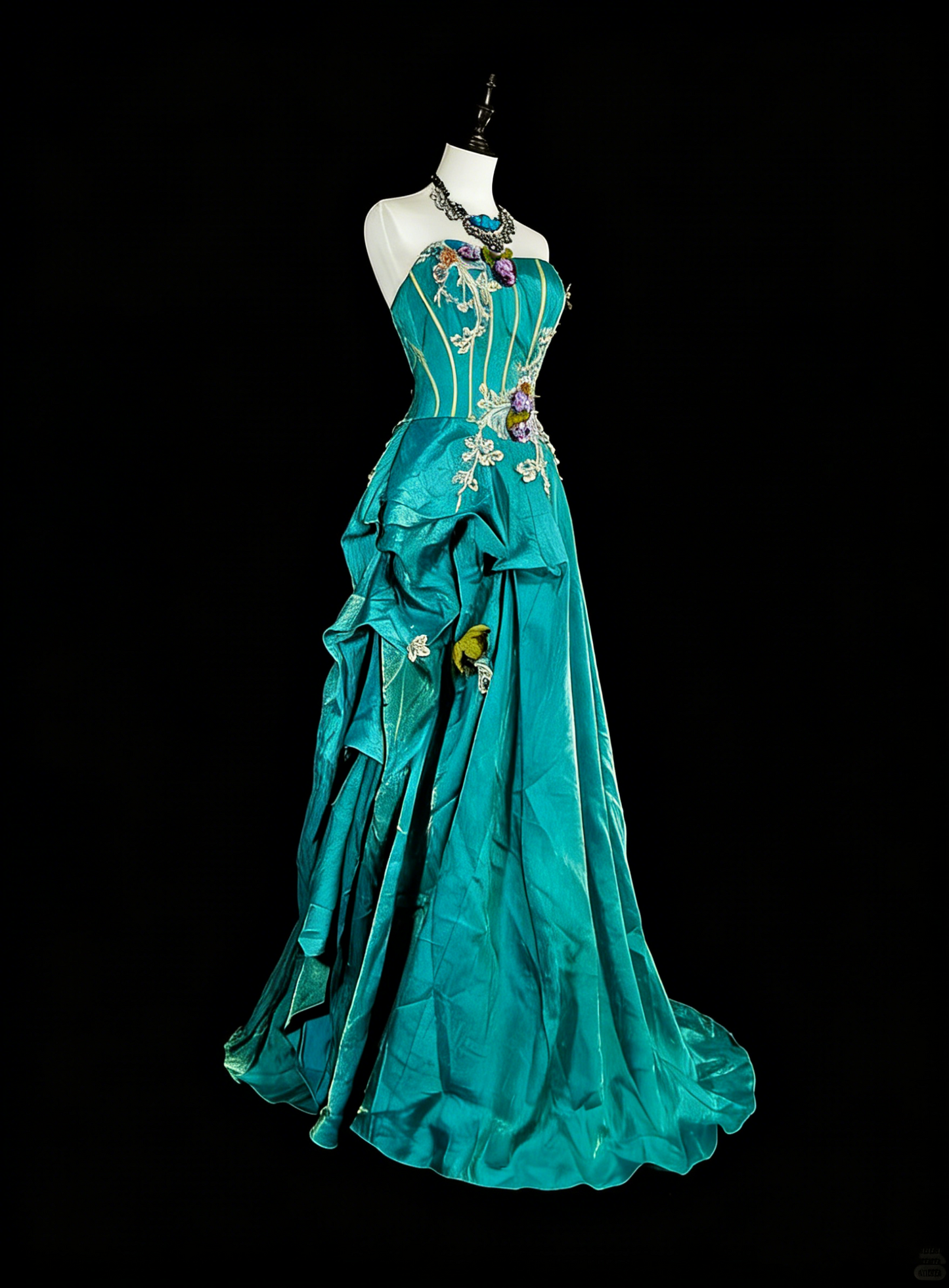 Robe de bal longue vintage années 70, coupe trapèze, sans bretelles, en satin bleu orné d'appliqués, idéale pour les soirées et les fêtes (N1830)