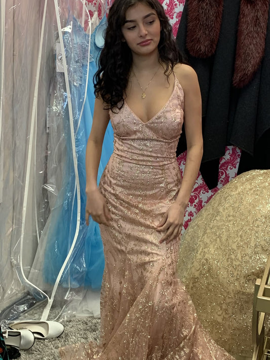 Elegantes Meerjungfrauen-Abendkleid für Damen, Spaghettiträger, rosa Paillettenkleid, Partykleid, Geburtstagskleid N1525