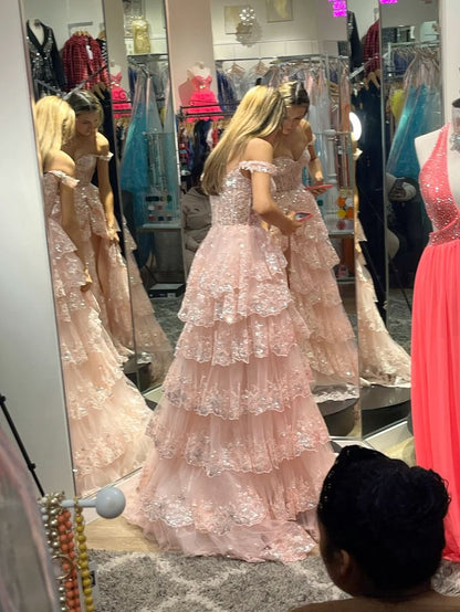 Fairytale Pink Prom Dress Ball Gown Off The Shoulder Lace Layers Princess Party Evening Formal Gown RC1164