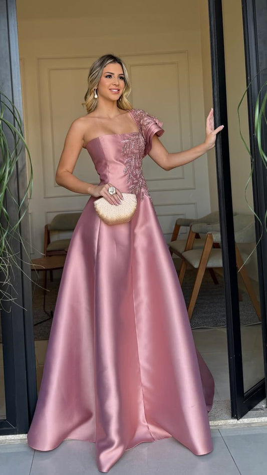 Einfaches, ärmelloses, langes, rosafarbenes A-Linien-Abendkleid aus Satin mit One-Shoulder-Ausschnitt, elegantes Ballkleid für Hochzeitsgäste AB234