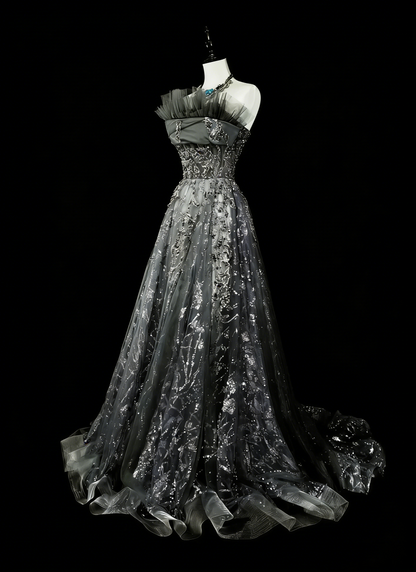 Vintage Prom Dresses Aesthetic 1960er Retro Ballkleid Grau Pailletten Langes Partykleid N2147