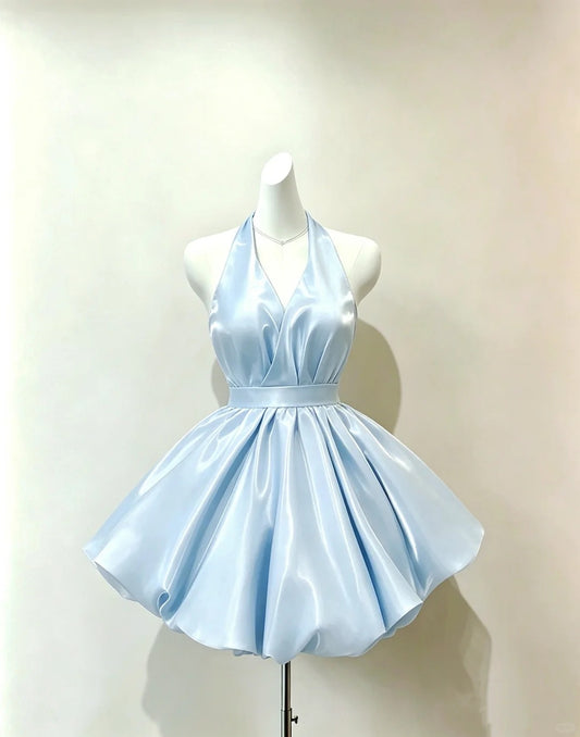 Pretty Ball Gown Light Sky Blue Halter Satin Mini Short Cocktail Homecoming Dresses Ideas Hoco Outfits RB4896