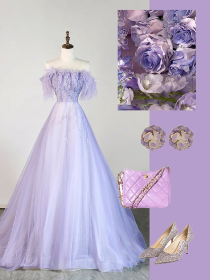 Robe de bal bustier en tulle lilas ornée de plumes, robe longue de soirée élégante et tendance pour le lycée, tenue de fête, robe de bal N678