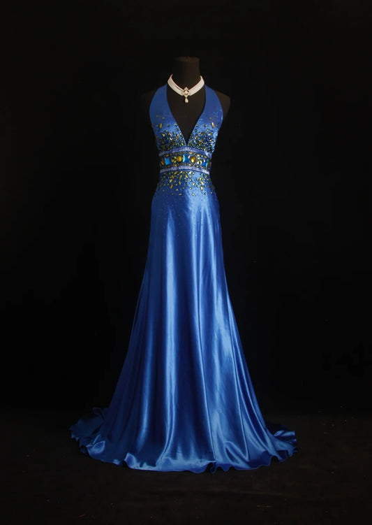 Vintage Ballkleider Meerjungfrau Königlich Blau V-Ausschnitt mit goldener Perlenstickerei 80er Jahre Abendkleid RB3274