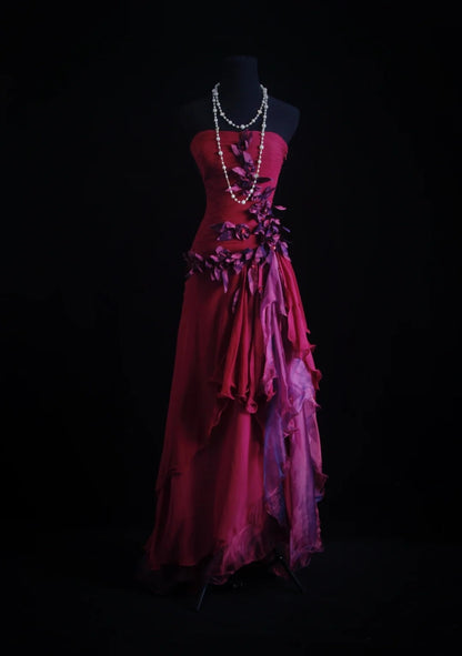 Wunderschöne Abiballkleider A-Linie Trägerlos Hot Pink Chiffon Lange Abendkleider N3436