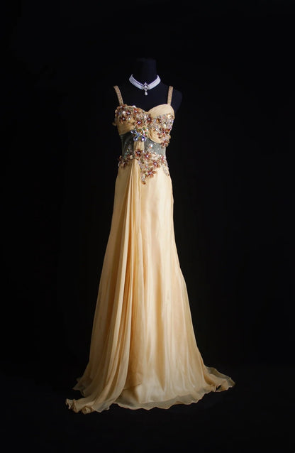 Robe de bal longue rétro années 90 en mousseline jaune à fines bretelles et coupe trapèze - Inspiration pour une tenue de 18 ans - Robe de soirée N494