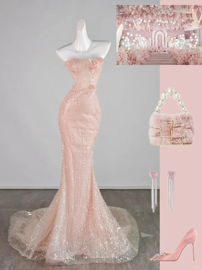 Robe de bal de fin d'année rose sirène élégante, sans bretelles, à sequins et sans manches, N1287
