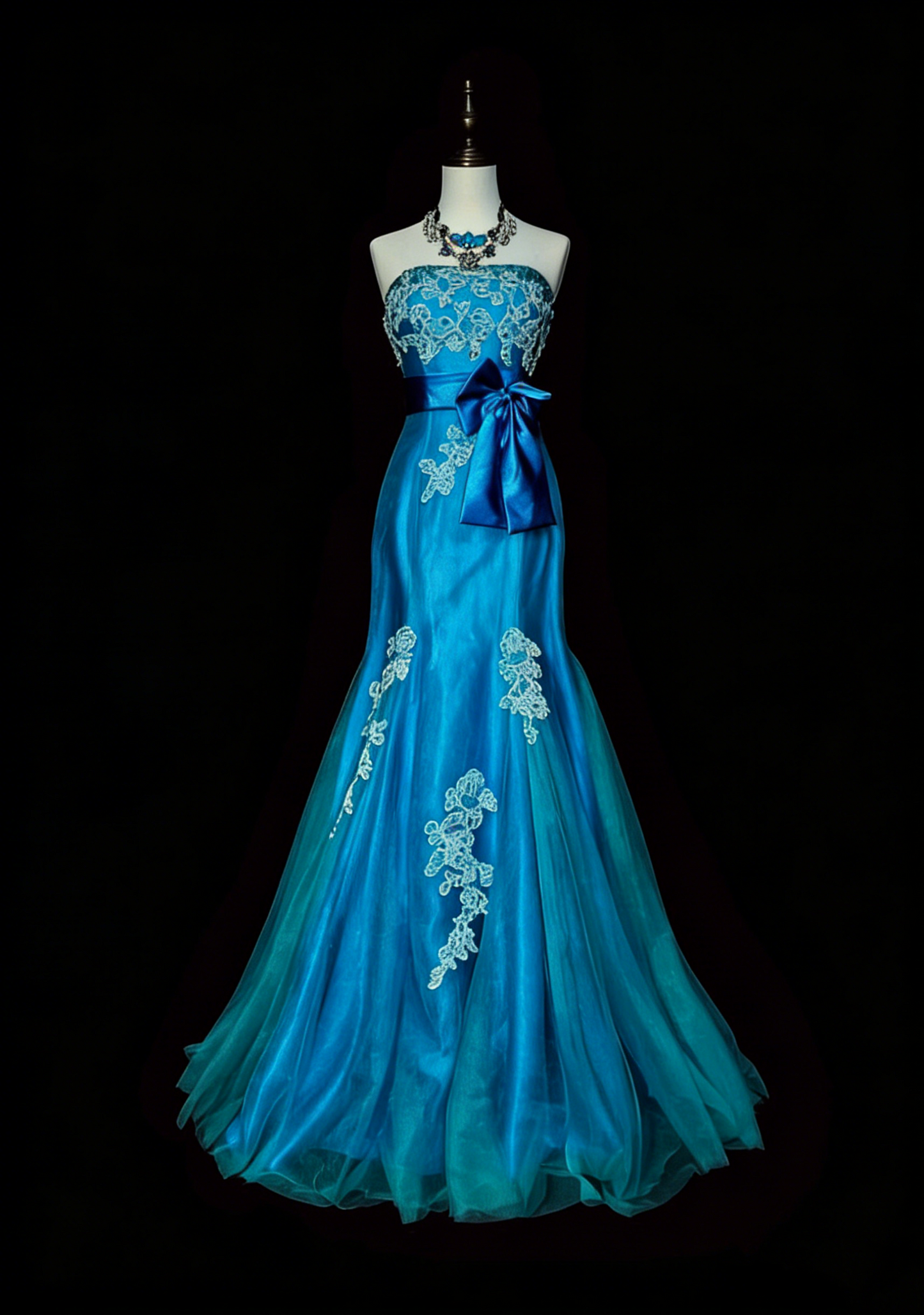 Robe de bal longue sirène vintage sans bretelles bleue années 2000 avec appliques N1359