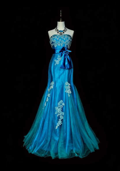Robe de bal longue sirène vintage sans bretelles bleue années 2000 avec appliques N1359
