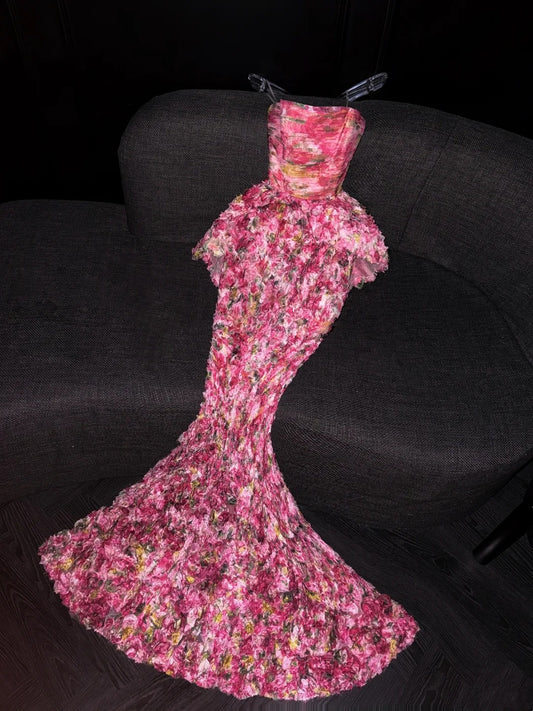 Classy Mermaid Strapless Floral Pink Sleeveless Long Senior Prom dresses High School Formal Dresses N1264