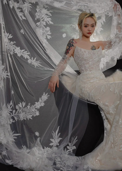 Robe de mariée longue et romantique blanche sirène sans bretelles en dentelle, avec traîne, AB2474