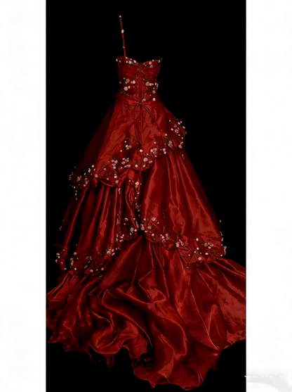 Robe de bal élégante en satin rouge foncé asymétrique avec volants à étages, robes de soirée longues, robes de bal de fin d'année N2241