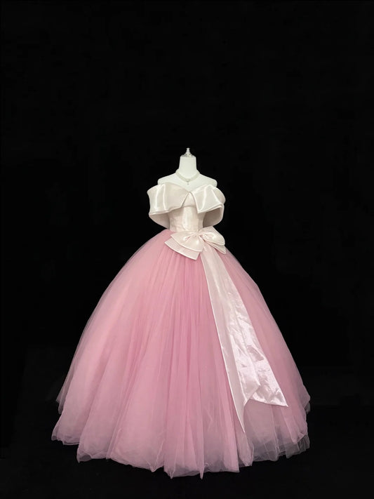 Prom Dress Long Floor Length Ball Gown Off Shoulder Tulle Pink With Sleeves Formal Evening Gown For Women RC0287