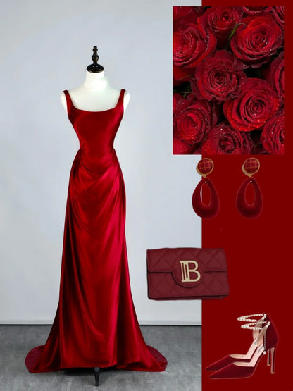 Robe de bal longue sirène en satin bordeaux à col carré, inspiration robe de princesse, robe de remise de diplôme N1086
