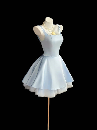 Pretty Ball Gown Square Blue Satin University Ideas Homecoming Dresses Inspo Short Hoco Court Gowns RB7227
