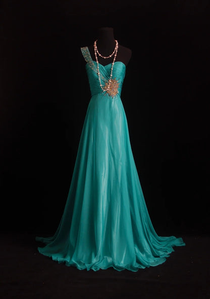 Robes de bal vintage Trapèze Asymétrique Vert Sans manches Perlé Années 80 Mousseline Robe de soirée formelle RB3266
