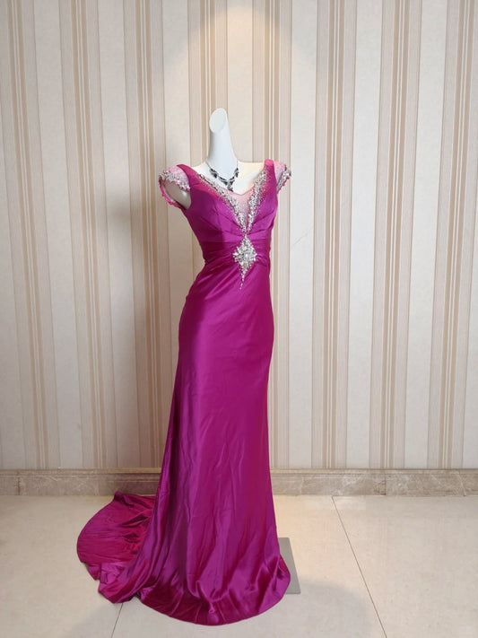 Vintage Ballkleider Meerjungfrau V-Ausschnitt Satin 80er Jahre mit Perlen Lang Formelle Abendgarderobe N4222