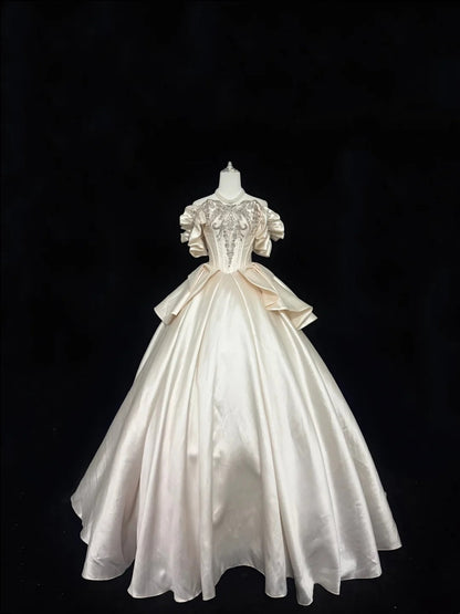Sweet 15 Quinceanera Dress Ball Gown Off Shoulder Champagne Satin With Sleeves Long 15th Birthday Gown RC0327