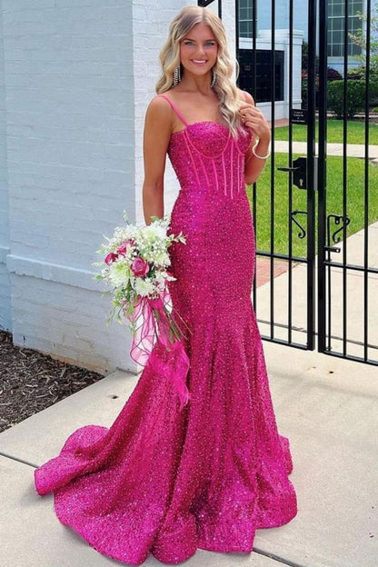 Shiny Blush Pink Sequins Mermaid Spaghetti Straps Long Beaded Prom Dress Party Gowns RB1672