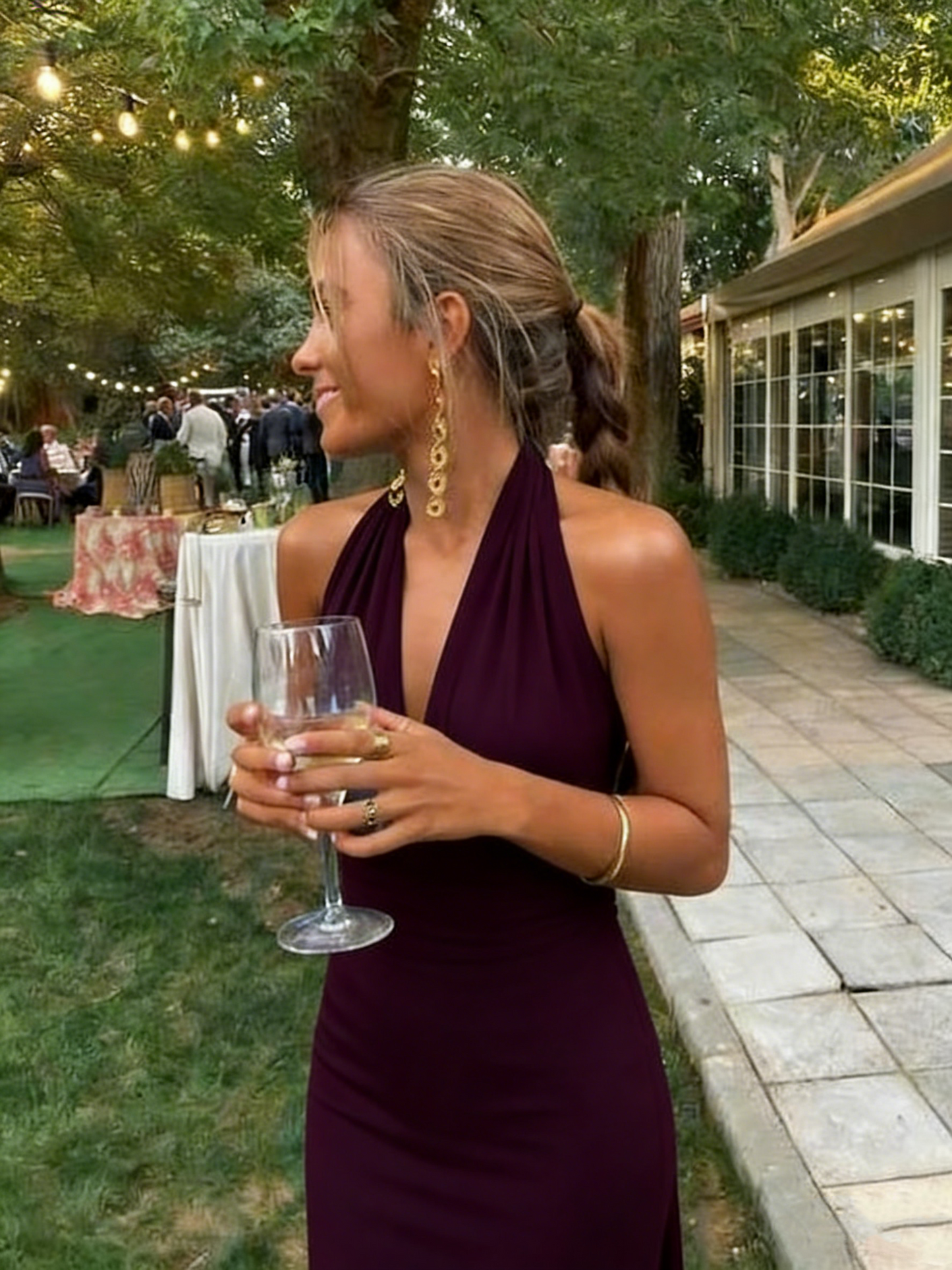 Einfaches, langes, blaues Neckholder-Abendkleid in A-Linie für Damen AB1554