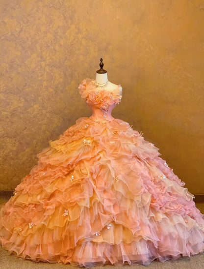 Straps Pink Yellow Ombre Tiered Tulle Sweet 16 Ball Gown Sweet Sixteen Dress RC0028