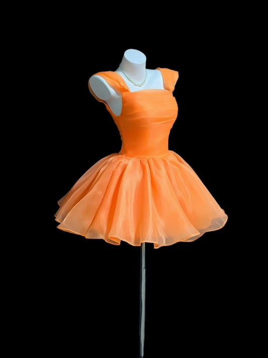 Cute Ball Gown Square Neck Orange Organza High School Ideas Homecoming Dress Inspo Birthday Dresses Senior Graduation Outfits RB7211