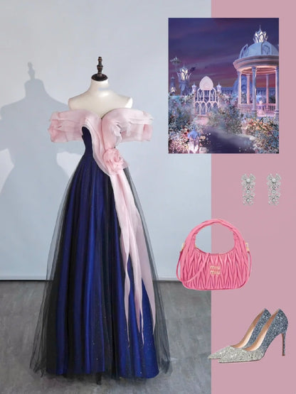 Robe de bal élégante et discrète, épaules dénudées, en tulle bleu et rose, idéale pour une soirée étudiante ou un bal de fin d'année (Sweet 16), robe longue pour adolescentes N1164