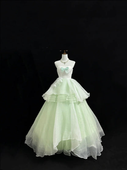 Sweet 15 Quinceanera Dress Ball Gown Strapless Mint Green With Flowers Tiered 15th Birthday Gown RC0231