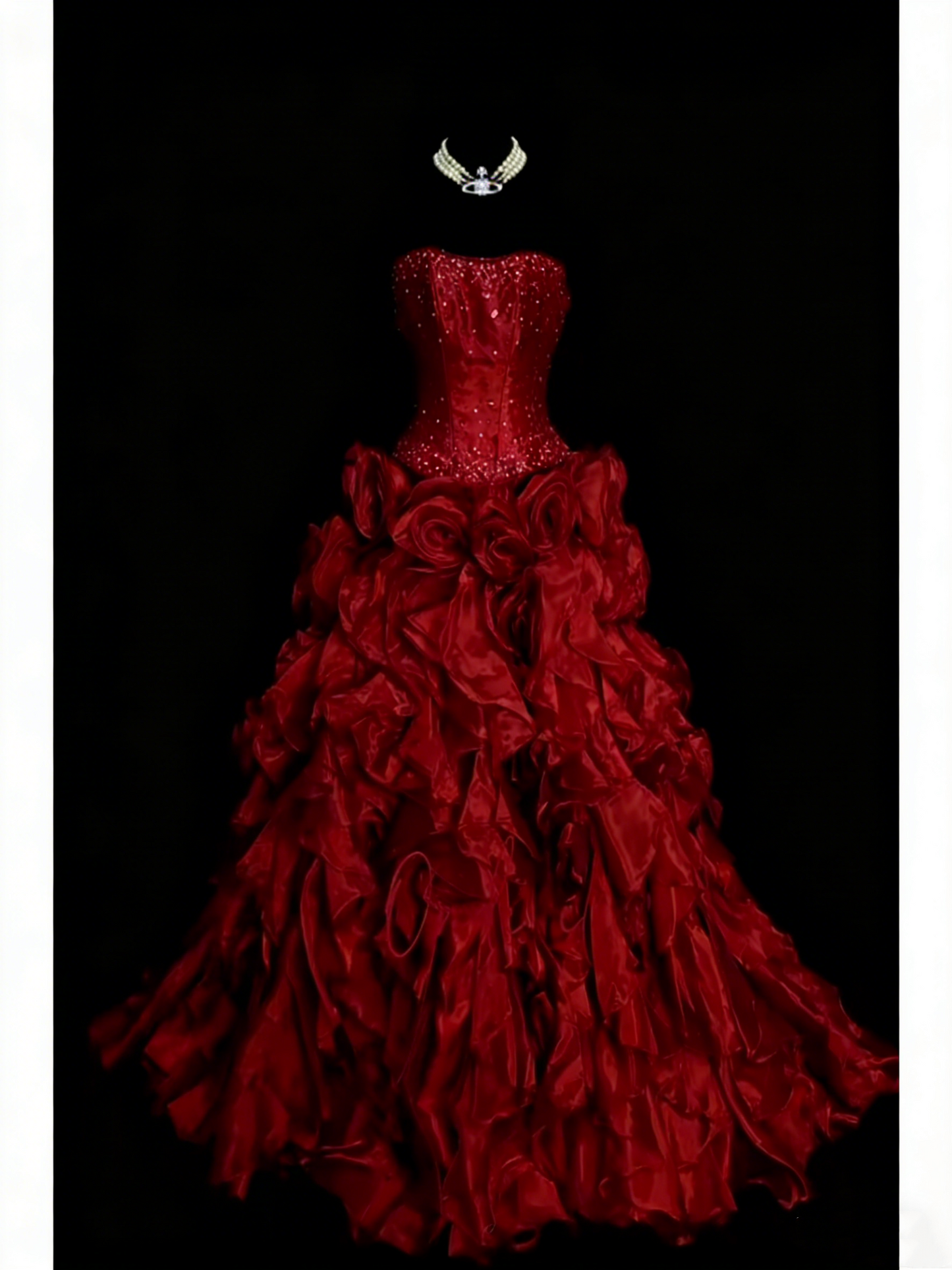 Robe de bal bustier rouge en organza, style années 80, inspiration robes de soirée vintage pour Sweet 16 (N1307)