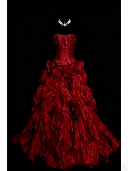 Robe de bal bustier rouge en organza, style années 80, inspiration robes de soirée vintage pour Sweet 16 (N1307)