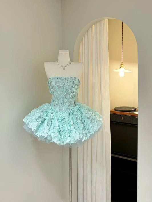 Classy Ball Gown Strapless Mint Green With 3D Flowers Night Short Graduation Dress Inspo Senior Homecoming Outfits RB4867