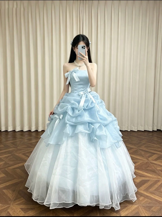 Prom Dress Long Floor Length Ball Gown Strapless Tulle Blue Formal Evening Gown For Women RC0361