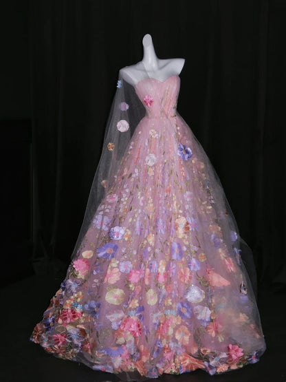 Robe de bal rose sans bretelles, sans manches, en tulle fleuri, longue, idéale pour une quinceañera, un anniversaire de 15 ou 16 ans (N1085)