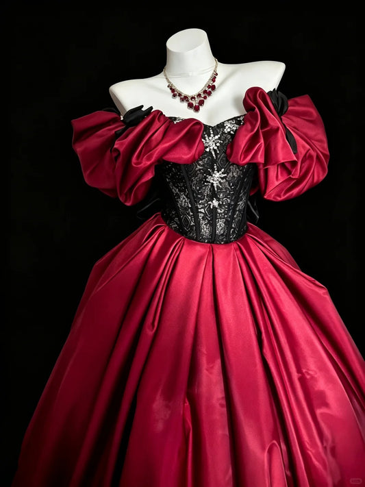Prinzessin Ballkleid schulterfrei roter Satin mit schwarzer Spitze Sweet 16 Kleider Quinceanera Kleid N4194