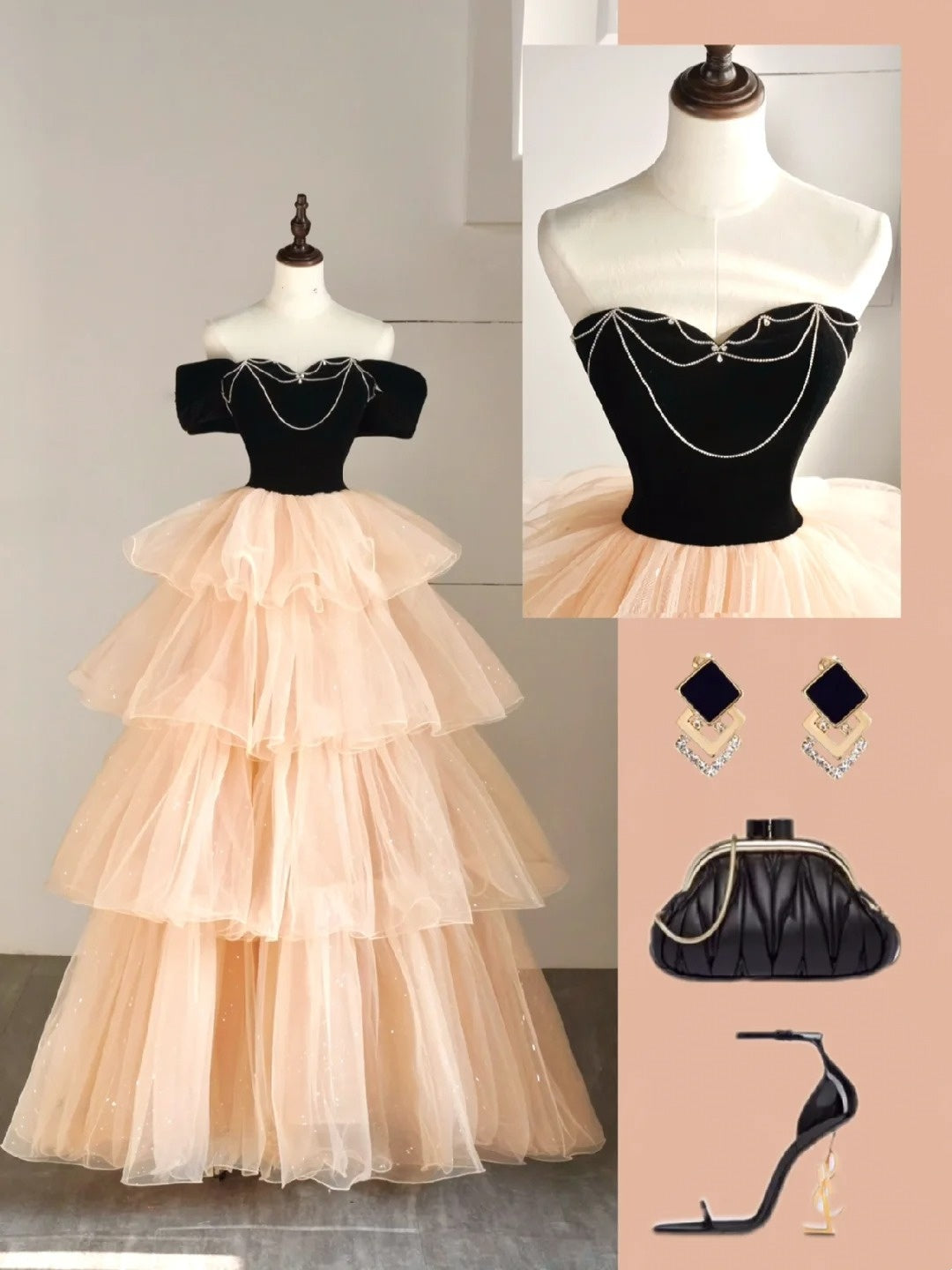 Robe de bal princesse à épaules dénudées en tulle champagne, tenue de soirée pour le bal de fin d'année scolaire, robe de remise de diplômes pour adolescentes N1348
