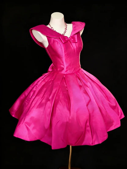 Robe courte de soirée/cocktail/retour aux études en satin rose vif, coupe trapèze et décolleté en V N4213