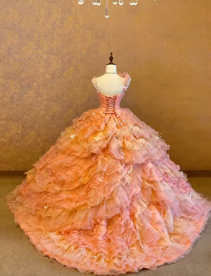 Straps Pink Yellow Ombre Tiered Tulle Sweet 16 Ball Gown Sweet Sixteen Dress RC0028