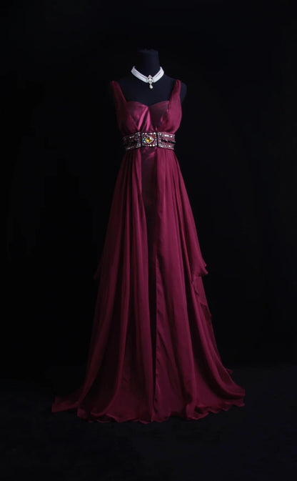 Robe de bal longue rétro en mousseline, coupe trapèze, décolleté cœur et corsage orné de perles, style années 90. Inspiration pour une tenue de 18 ans ou une robe de soirée (N492).