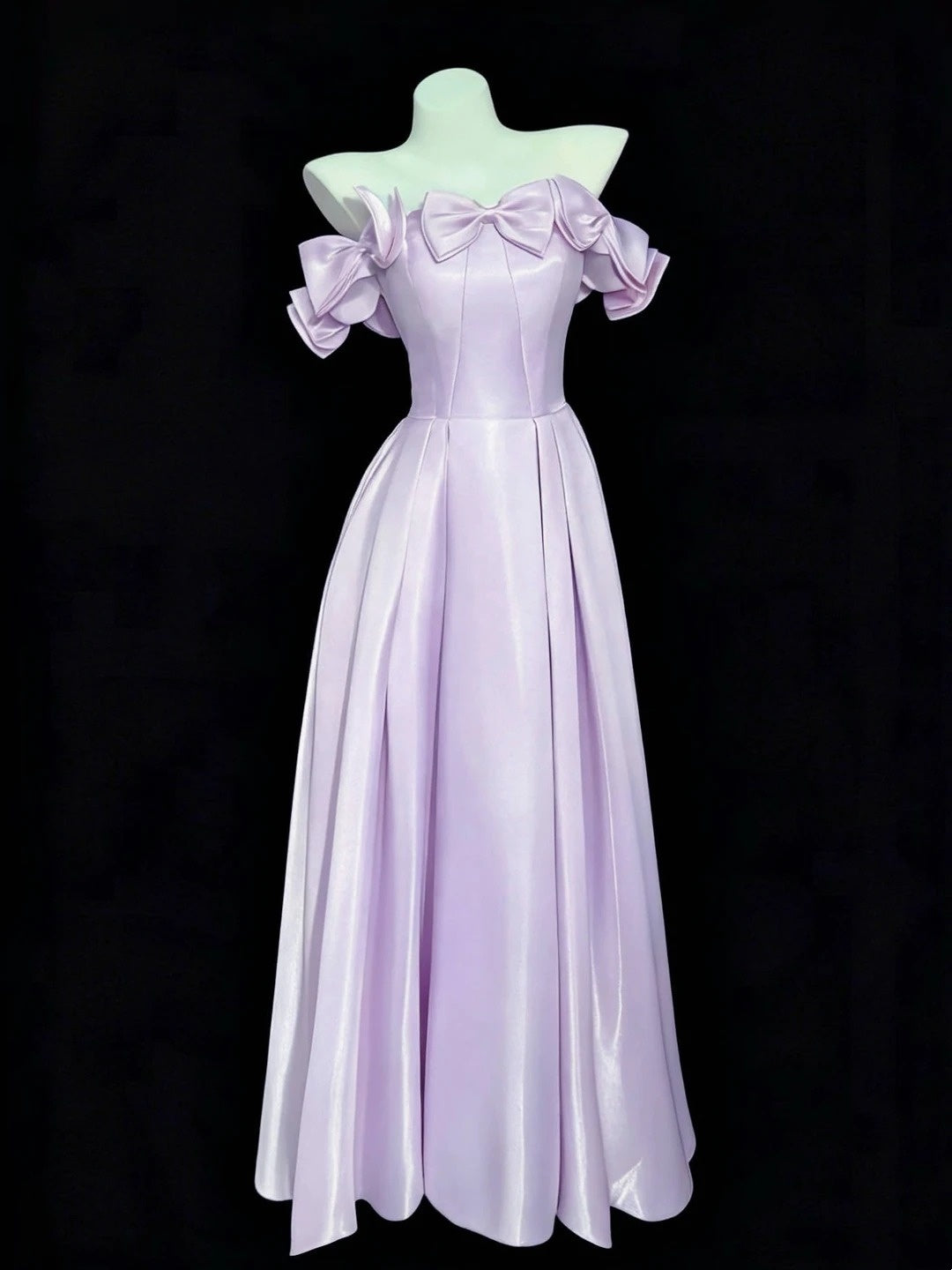 A line Off The Shoulder Lilac Satin With Bow Long Prom Dress Formal Dress Party Dresses RB7222