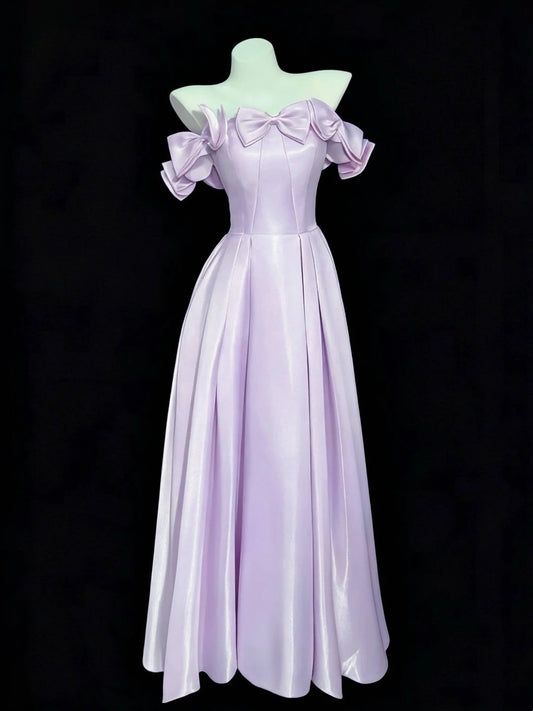 A line Off The Shoulder Lilac Satin With Bow Long Prom Dress Formal Dress Party Dresses RB7222